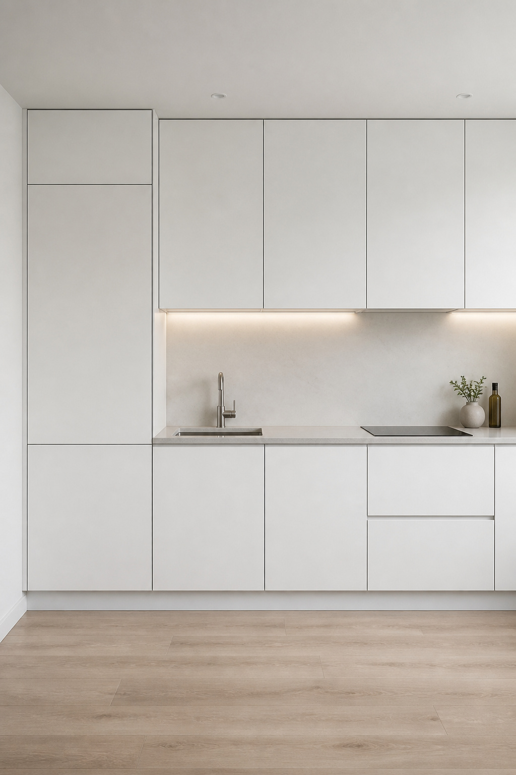 Panel-ready appliances disappear completely behind matching cabinet fronts — in a handleless kitchen, the fridge, dishwasher, and range hood cease to be objects and become architecture.