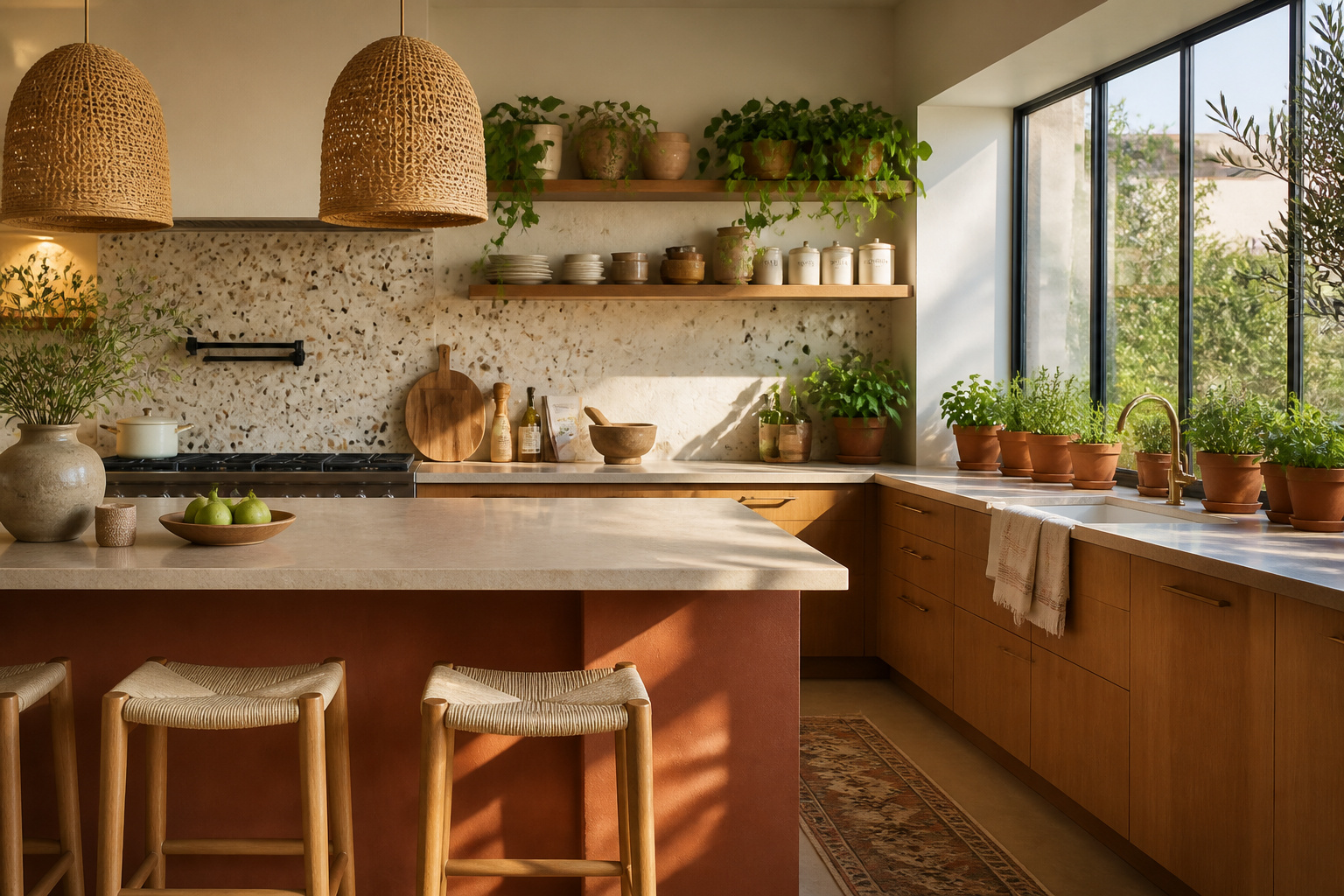 A bright, thoughtfully styled modern kitchen combining open shelving, a terracotta island, woven pendant lights, and a live herb garden for a look that is organic, practical, and genuinely beautiful.