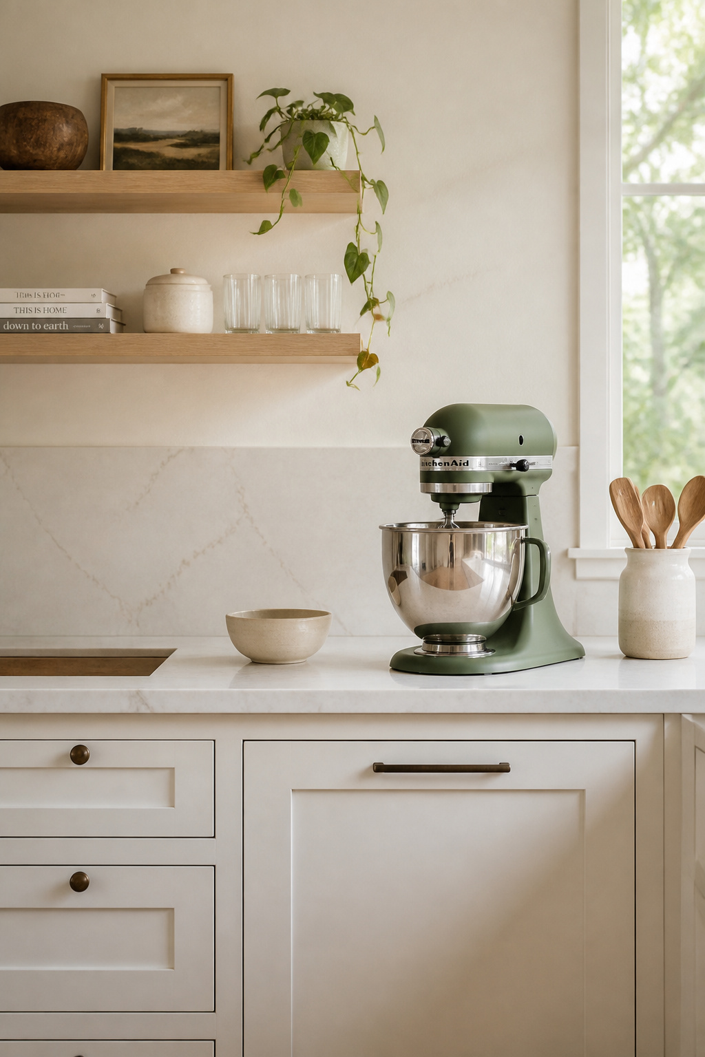 A single sage green retro stand mixer on an otherwise quiet cream kitchen counter — one bold colour object doing all the work of personalising a neutral space.