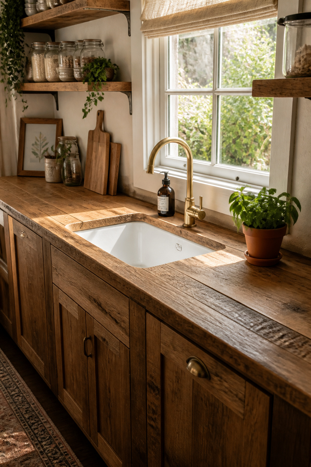 A reclaimed white oak countertop with visible grain and honest character beside an off-white ceramic sink and brushed brass tap — sustainable material choices that get more beautiful with age.