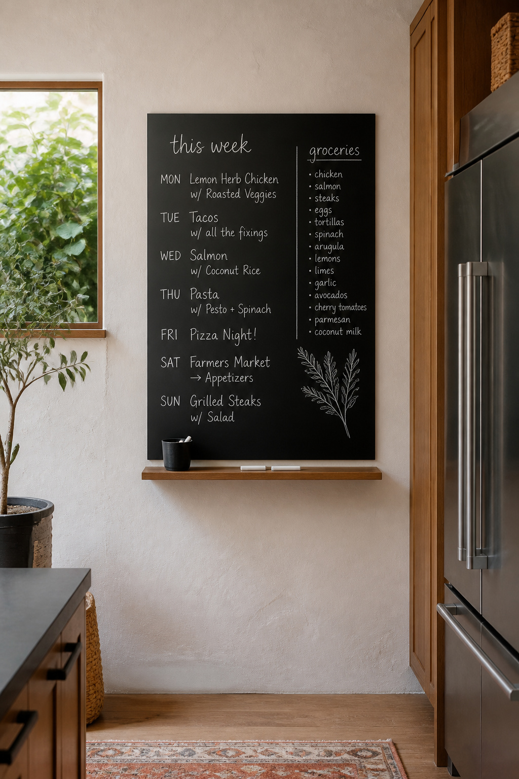 A chalkboard wall beside the refrigerator with a weekly meal plan written in clean chalk — a functional design feature that replaces the magnet-covered fridge door with something that looks intentional.