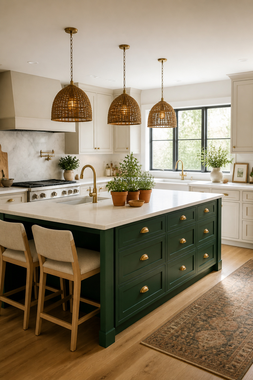 A deep emerald kitchen island with aged brass hardware and honed quartz countertop anchors a cream kitchen — bold, practical, and unmistakably intentional.