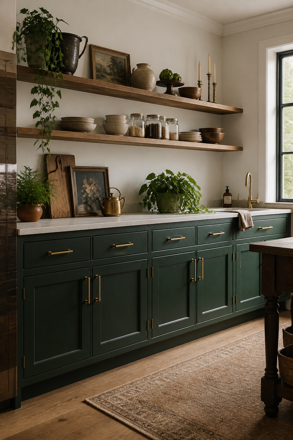 Deep forest green lower cabinets in a durable oil-based eggshell finish with aged brass bar pulls and a pale limestone countertop — moody, considered, and far more interesting than white.