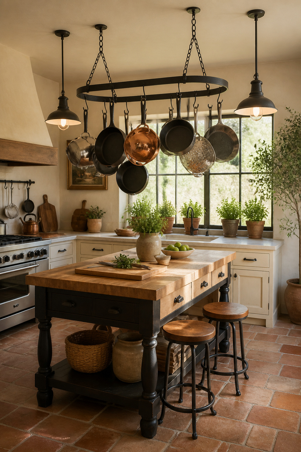 An oval wrought iron ceiling pot rack above a butcher-block island, hung with cast iron and copper cookware — functional storage that fills the overhead space and gives the kitchen its character.