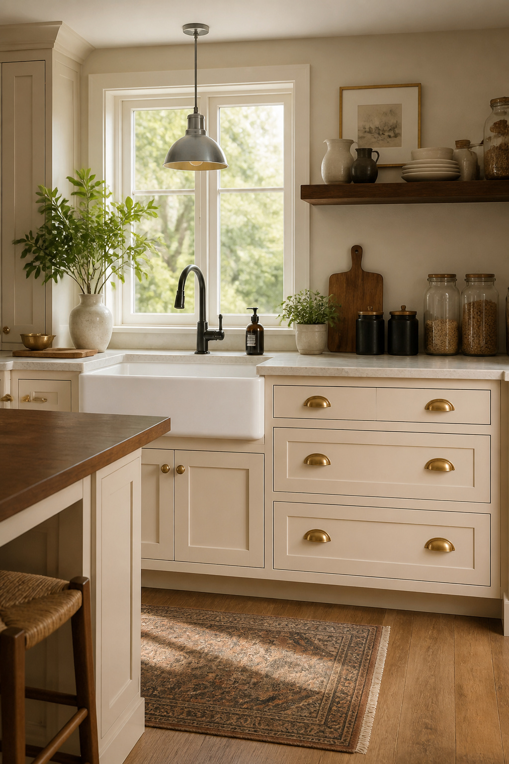 Aged brushed brass cup pulls and a matte black faucet — the mixed-metal combination that looks collected rather than coordinated, proving that matching isn't the same as designing.
