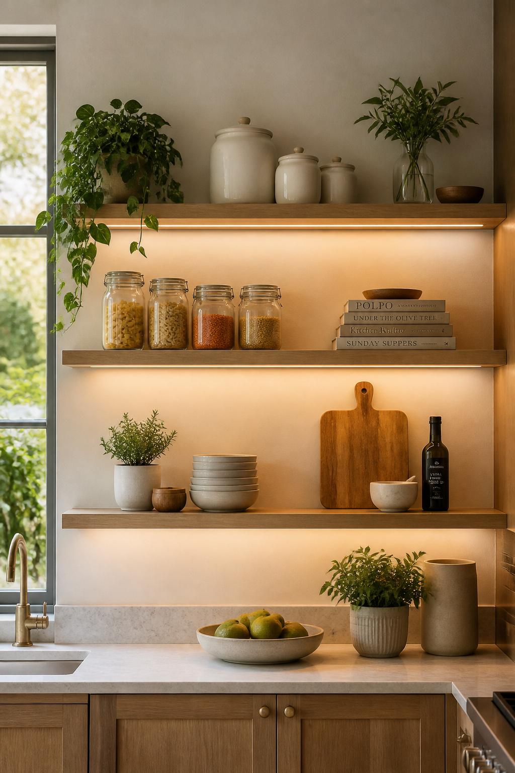 Open timber shelves styled with a market pantry display — cream ceramics, glass jars, a trailing plant, and warm under-shelf light create an abundance that looks edited rather than crowded.