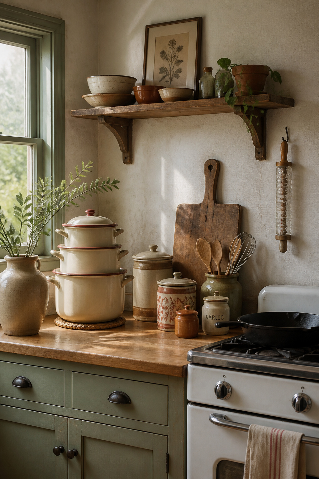 Vintage enamelware, hand-thrown ceramics, and a cast iron skillet styled together on a kitchen counter — the collected aesthetic that comes from years of market sourcing rather than a single shopping trip.