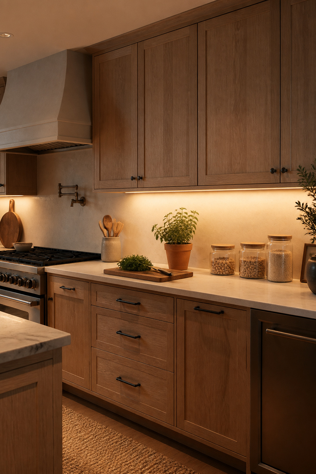 Warm 3000K LED strip lights under white oak cabinets illuminate a pale quartz work surface — the kitchen upgrade that costs under £150 and changes the room completely.