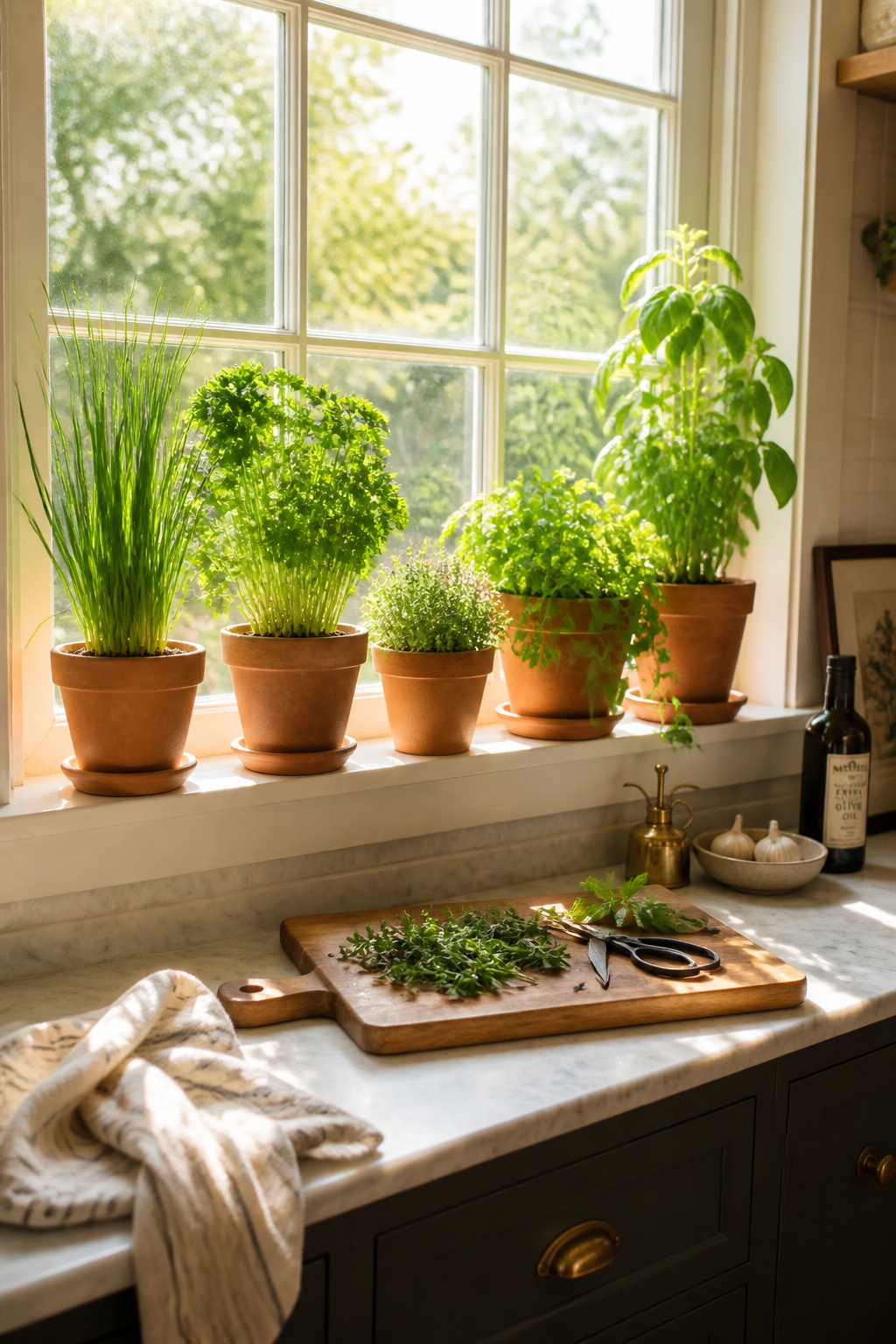 Five thriving herbs in matching terracotta pots along a south-facing kitchen windowsill — chives, parsley, thyme, mint, and basil backlit by morning sun and already showing signs of use.