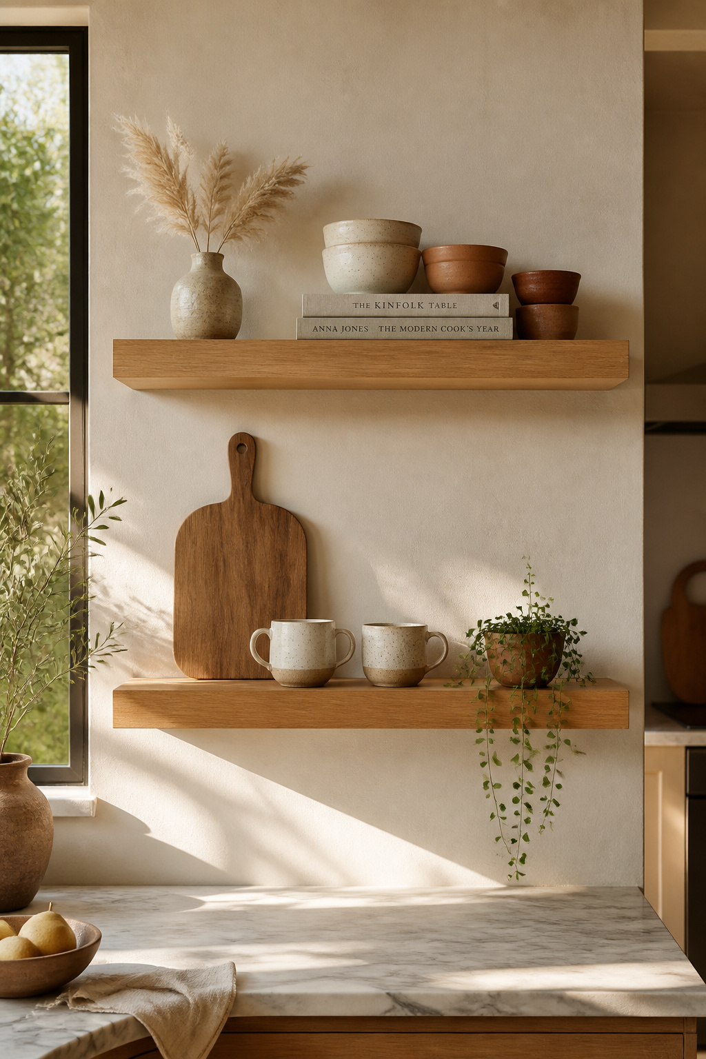 Two white oak floating shelves styled with hand-thrown ceramics, linen-spined cookbooks, a dried stem, and a trailing plant — the curated composition that needs negative space as much as objects.