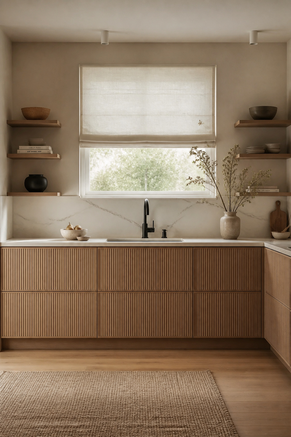 A serene Japandi kitchen with fluted light oak cabinets, honed marble, microcement backsplash, and matte black tapware — calm, functional, and genuinely beautiful.