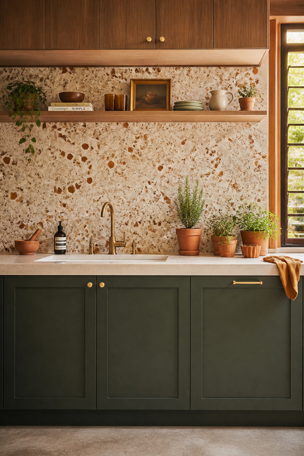 A large-format terrazzo tile backsplash in cream with rust and ochre chips behind forest green cabinets and aged brass tapware — retro-modern and genuinely striking.