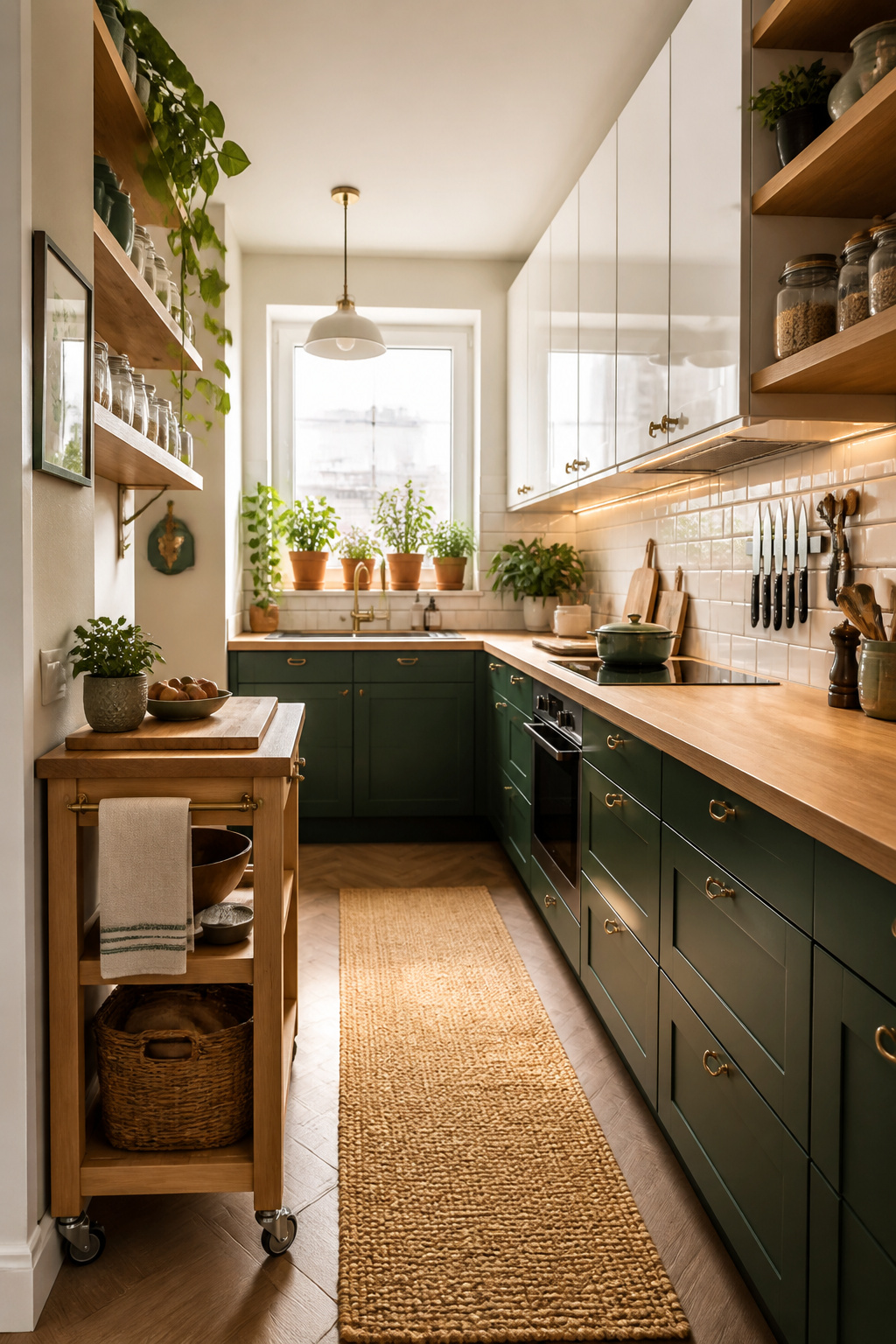 A compact galley kitchen with forest green lower cabinets, glossy white uppers, a butcher-block counter, and a live herb garden along the windowsill — proof that small can be beautifully functional.