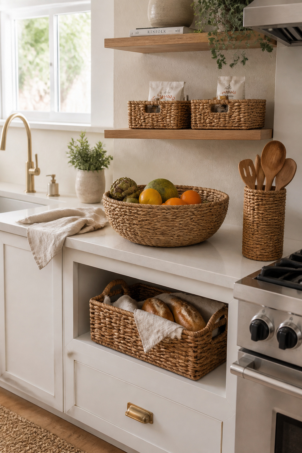 Seagrass and rattan baskets at different sizes and heights across a kitchen counter and open shelf — natural texture that warms the hard surfaces of a kitchen and earns its place functionally.
