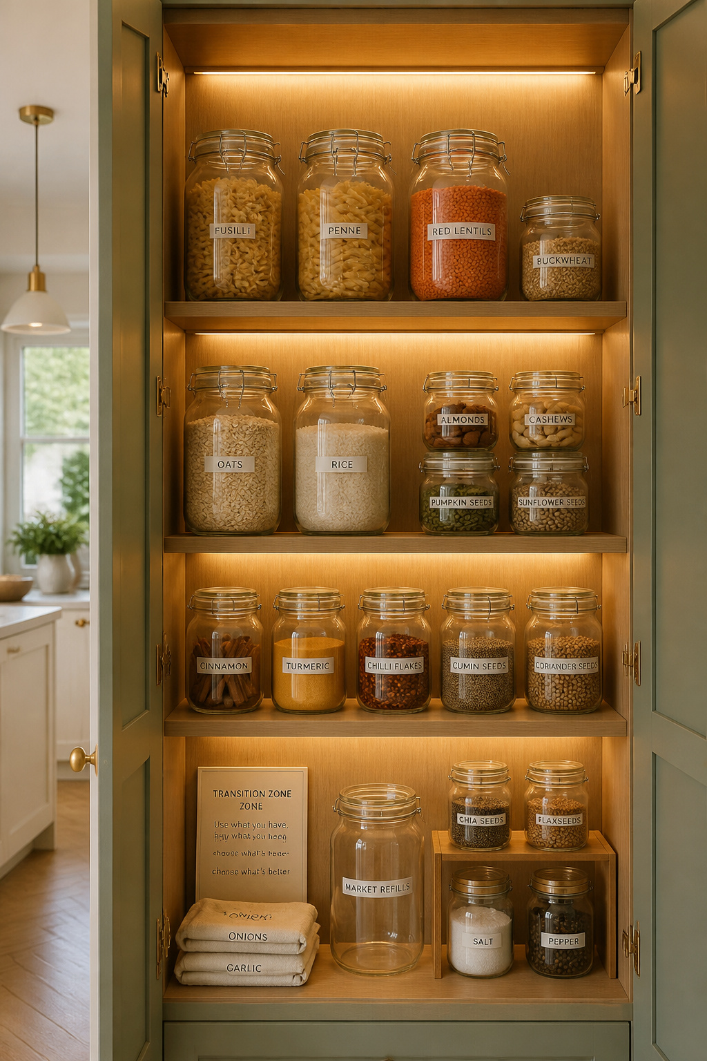 A capsule sustainable pantry with uniform glass Kilner and Bormioli Rocco jars, simple label-maker labels, and a bamboo shelf riser — calm, legible, and genuinely zero-waste in approach.