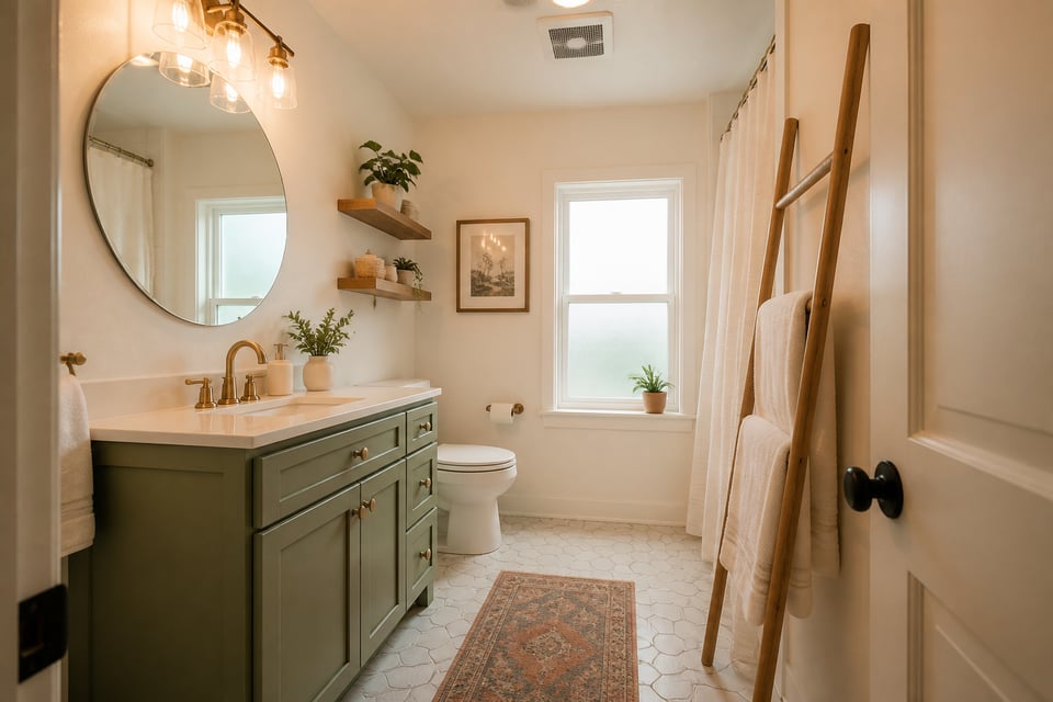 The result of stacking several specific, targeted budget bathroom remodel ideas — no single upgrade costs more than $300, but the combined effect reads as a considered renovation.