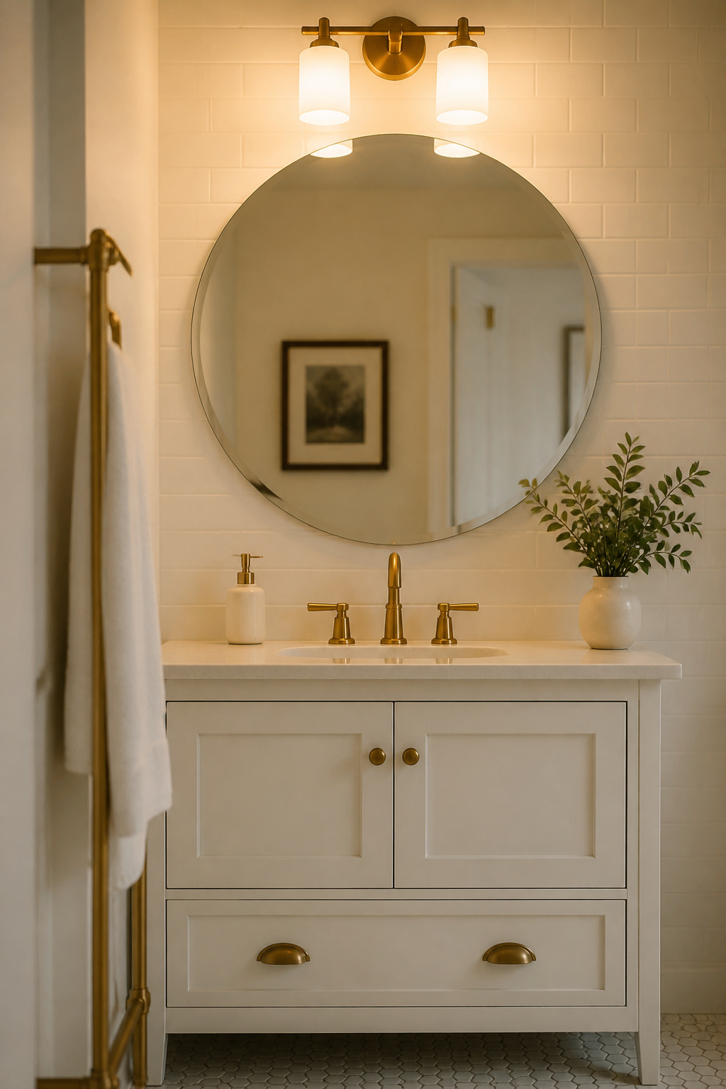 Replacing a builder-grade rectangular mirror with a round frameless design is the most risk-free upgrade in any budget bathroom remodel — pure visual character at low cost.