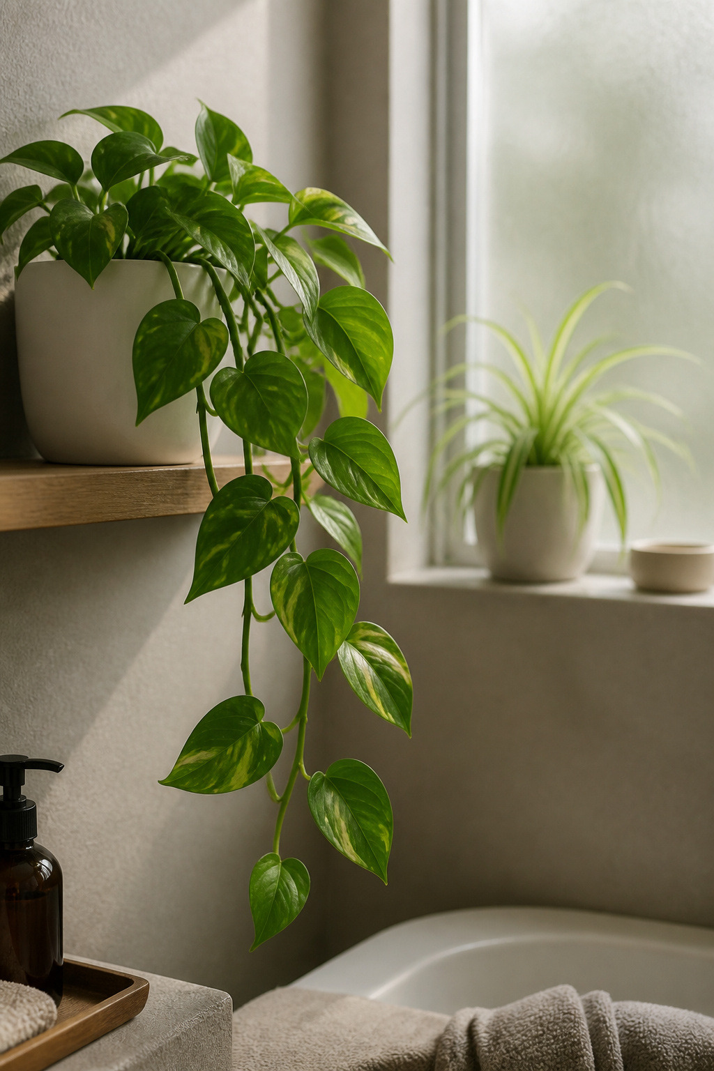A trailing pothos propagated from a cutting costs nothing — in a humid bathroom, it thrives without much attention and delivers more warmth than almost any purchased accessory.