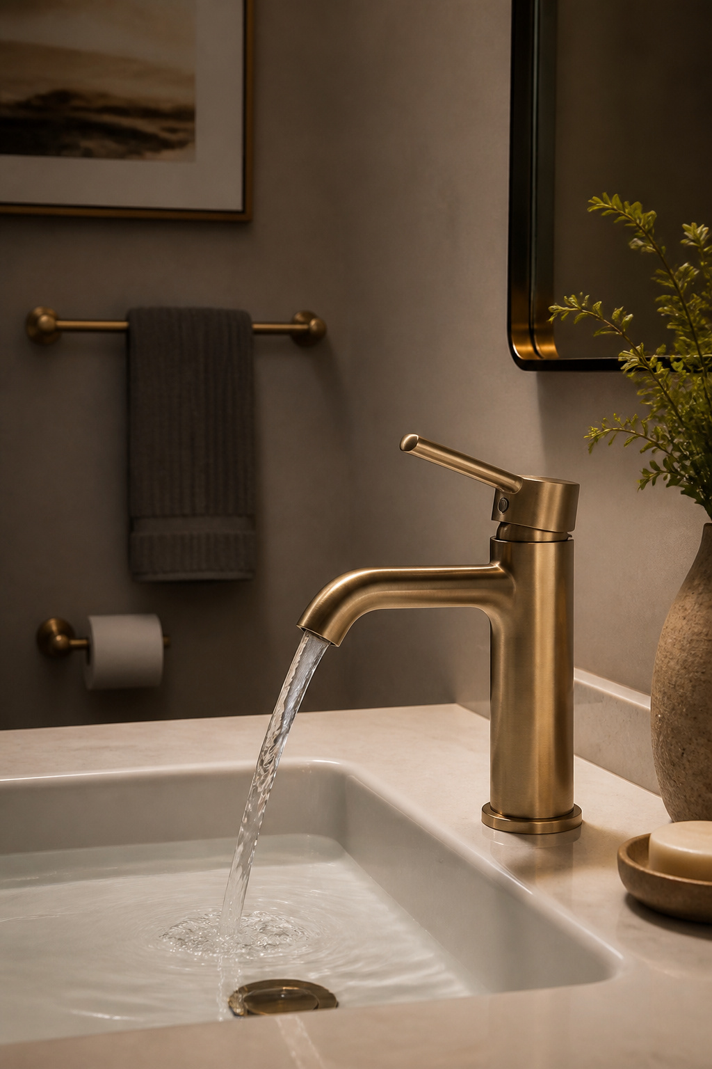 A $90-$100 entry-level champagne bronze faucet — matched to the towel bar and toilet paper holder finish — reads as a considered design choice rather than a budget compromise.