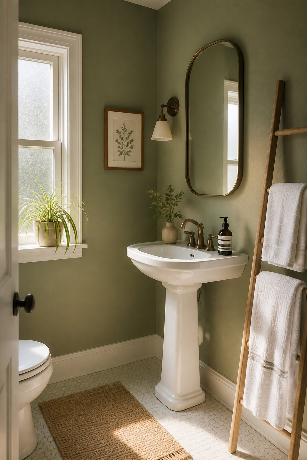 A fresh coat of moisture-resistant sage green paint transforms a plain bathroom at a fraction of any other renovation cost — the highest return upgrade on this list.