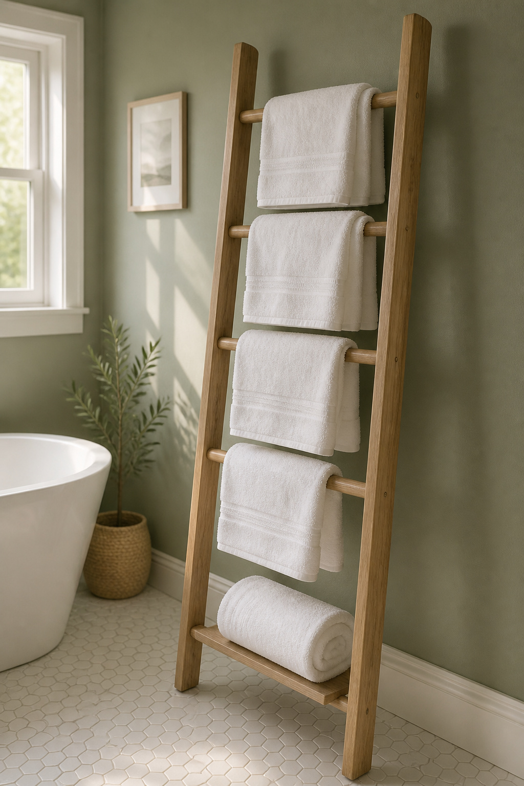 A $30-$60 freestanding ladder rack with matching white towels folded in a spa style converts a functional element into part of the room's design — no wall holes, no commitment, immediate character.