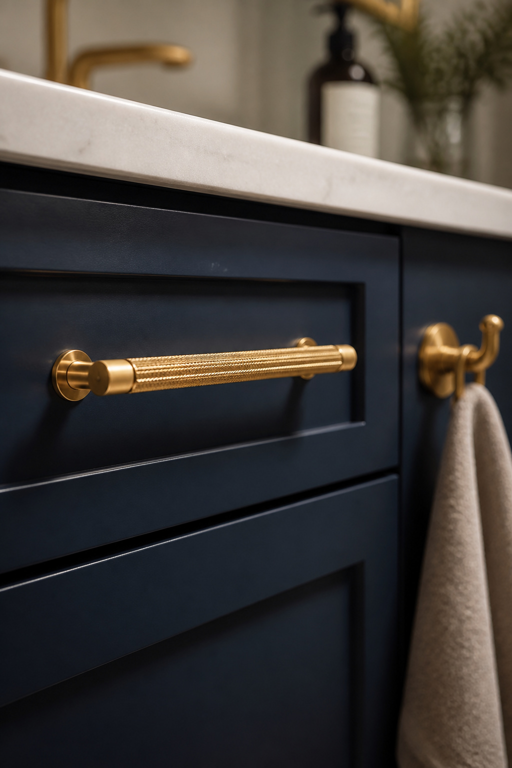 New champagne bronze hardware on a navy vanity costs under $80 for a full set — the single fastest route from 'builder-grade' to 'designed' in a budget bathroom remodel.