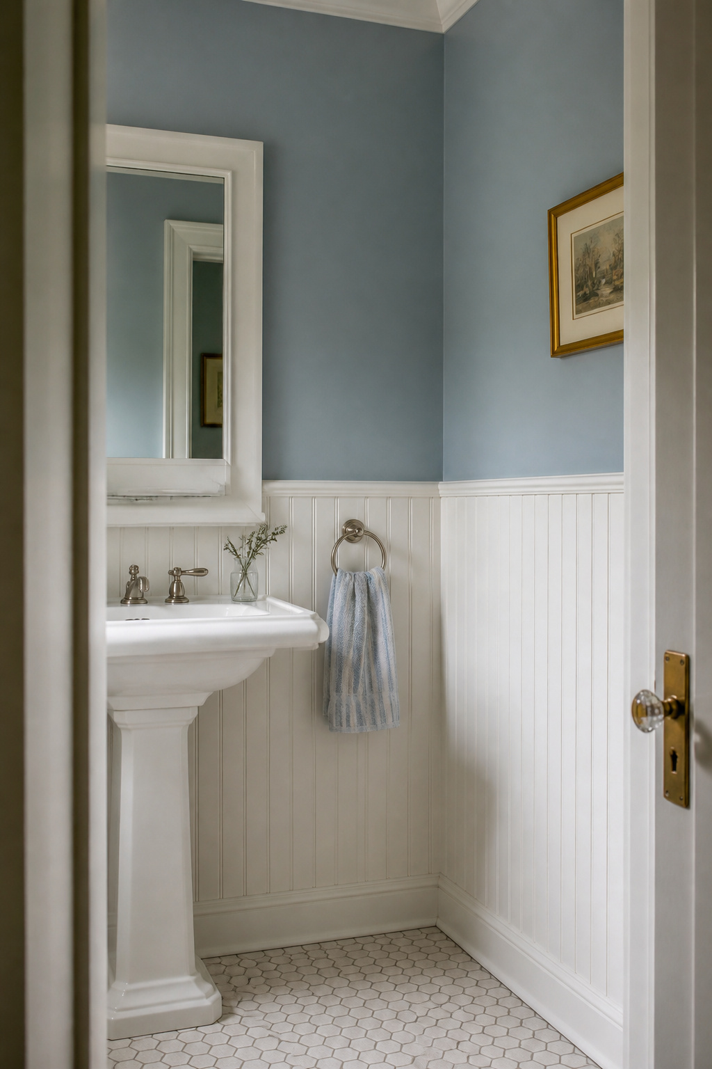 Beadboard wainscoting references the architectural language of older characterful homes — installed at one-third of wall height and topped with a chair rail, it transforms a plain bathroom into a room with apparent history.