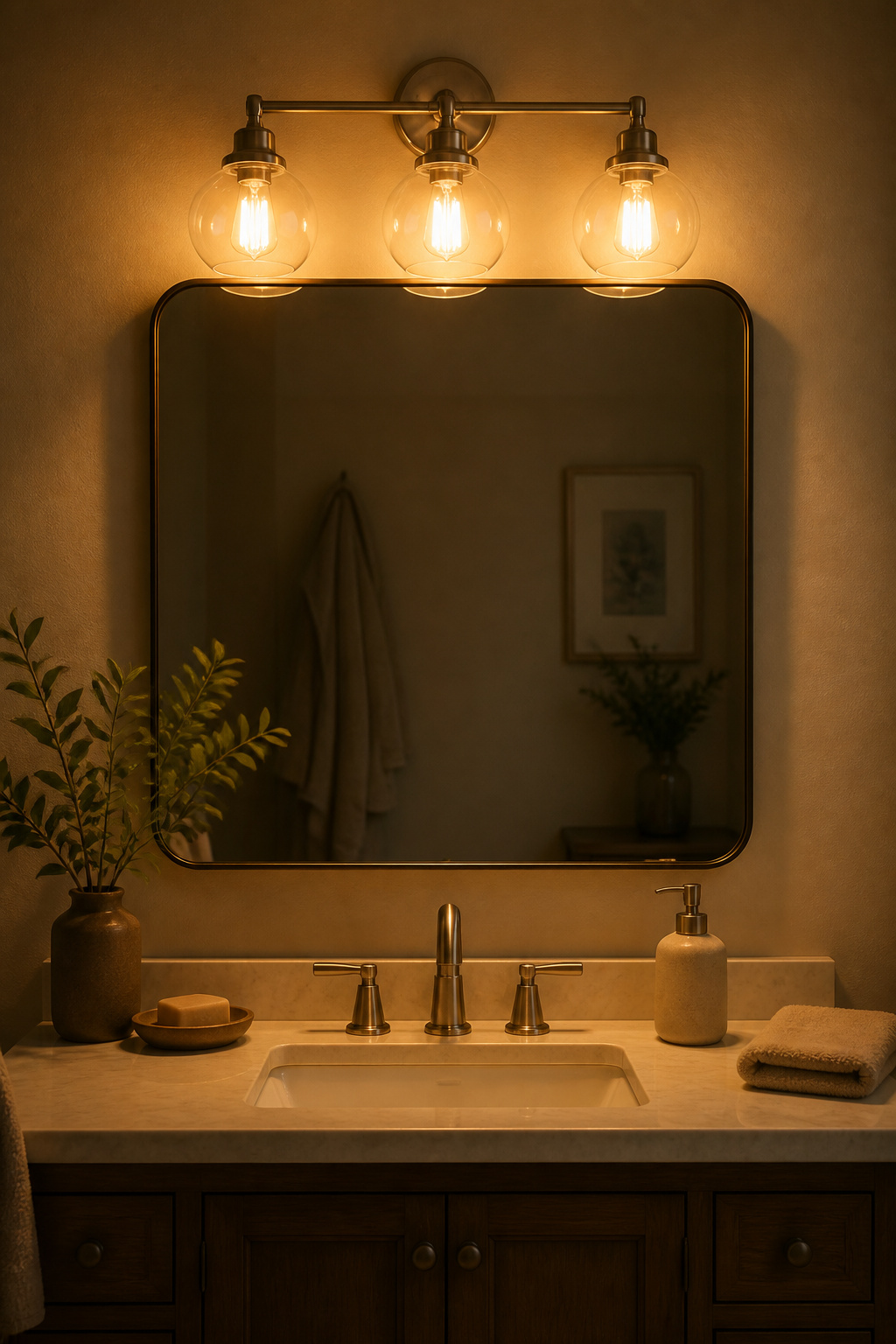 Switching from a dated overhead fixture to a coordinated vanity light in brushed nickel with 2700K bulbs costs $40-$150 and completely changes how the room feels — and how it makes you look in the mirror.
