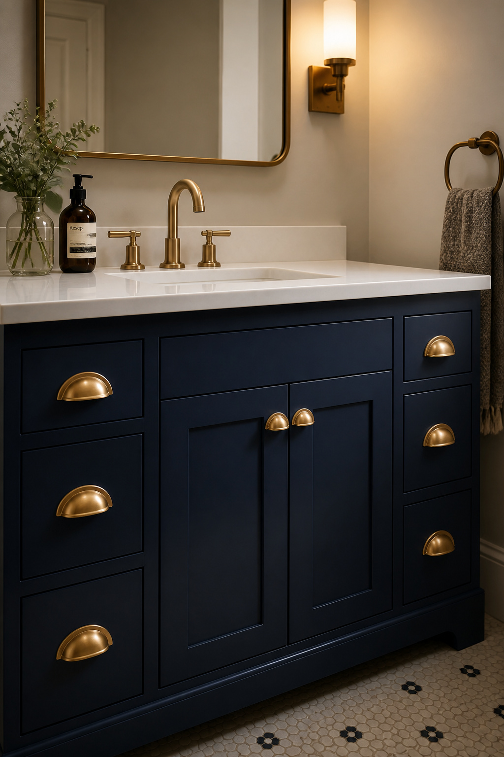 Deep navy cabinet paint transforms an outdated vanity into a room centrepiece — for $30-$80 in materials versus $300-$800 for a replacement, it's the most cost-effective surface upgrade in a budget bathroom remodel.
