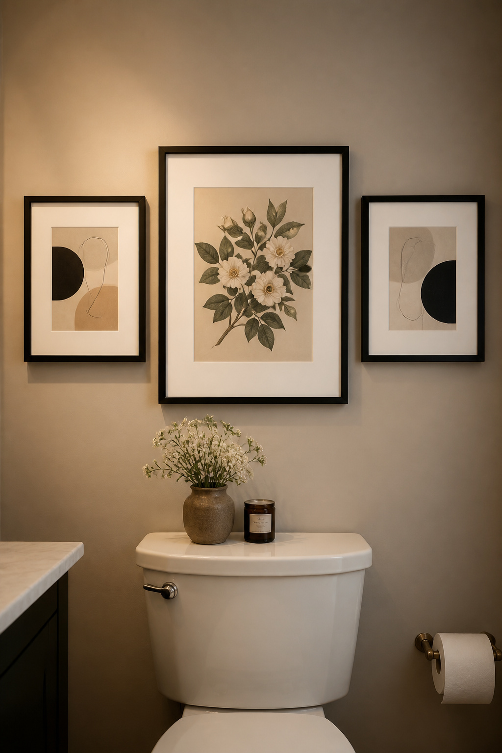 A three-print gallery wall above the toilet turns one of the most consistently bare walls in any home into a design feature — the art signals that this room was thought about.