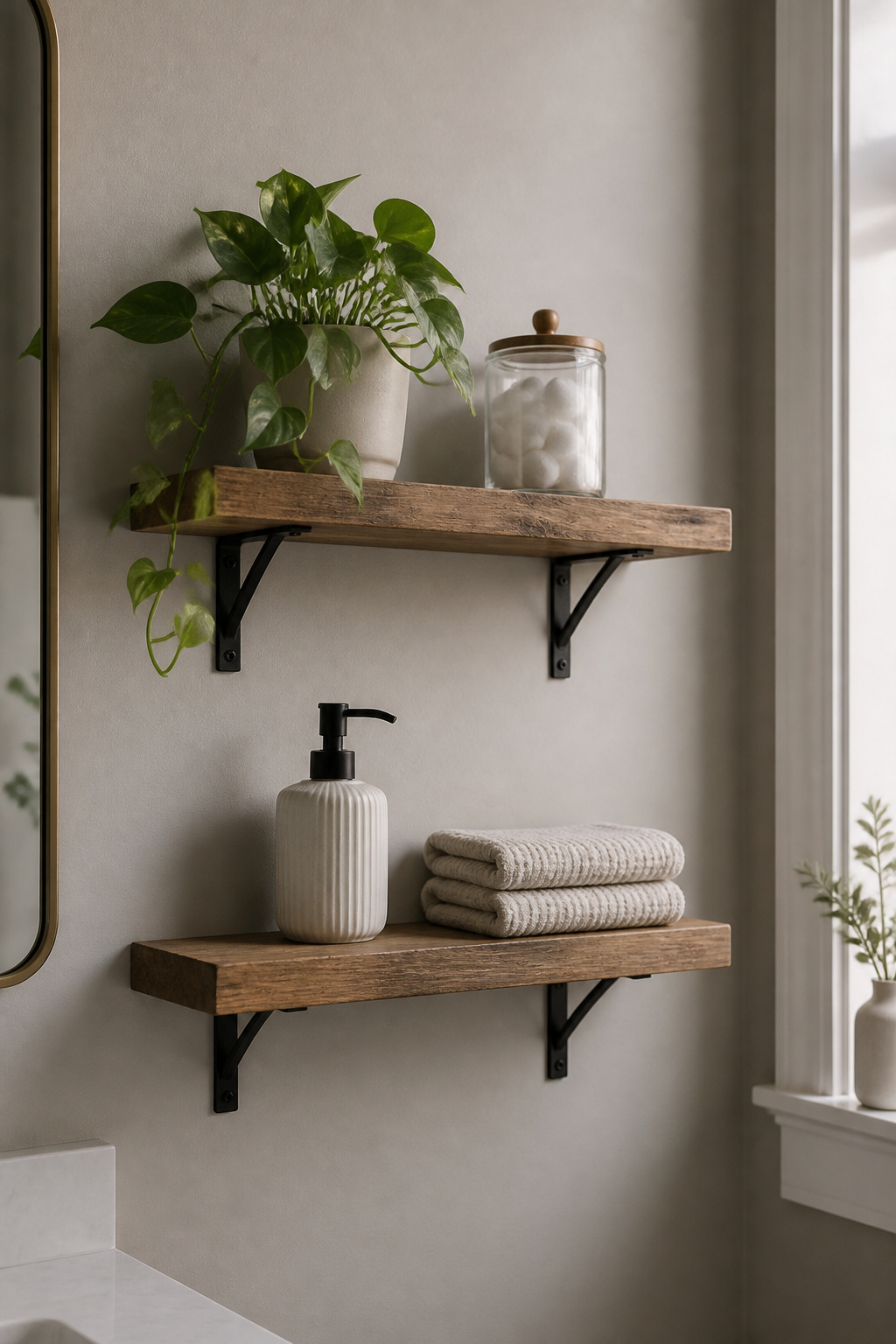 Open floating shelves create display depth and breathing room where a medicine cabinet once closed the wall — the styling is intentional, with negative space doing as much work as the objects.