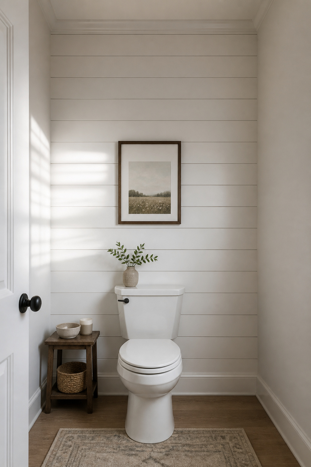 A single shiplap accent wall behind the toilet transforms a plain bathroom in a weekend — PVC panels keep it moisture-safe, and the texture delivers character that paint alone cannot.
