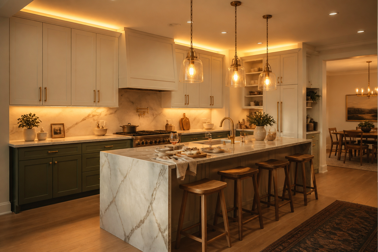 A contemporary kitchen with layered lighting — island pendants, under-cabinet strips, and above-cabinet glow — all working together at golden hour.