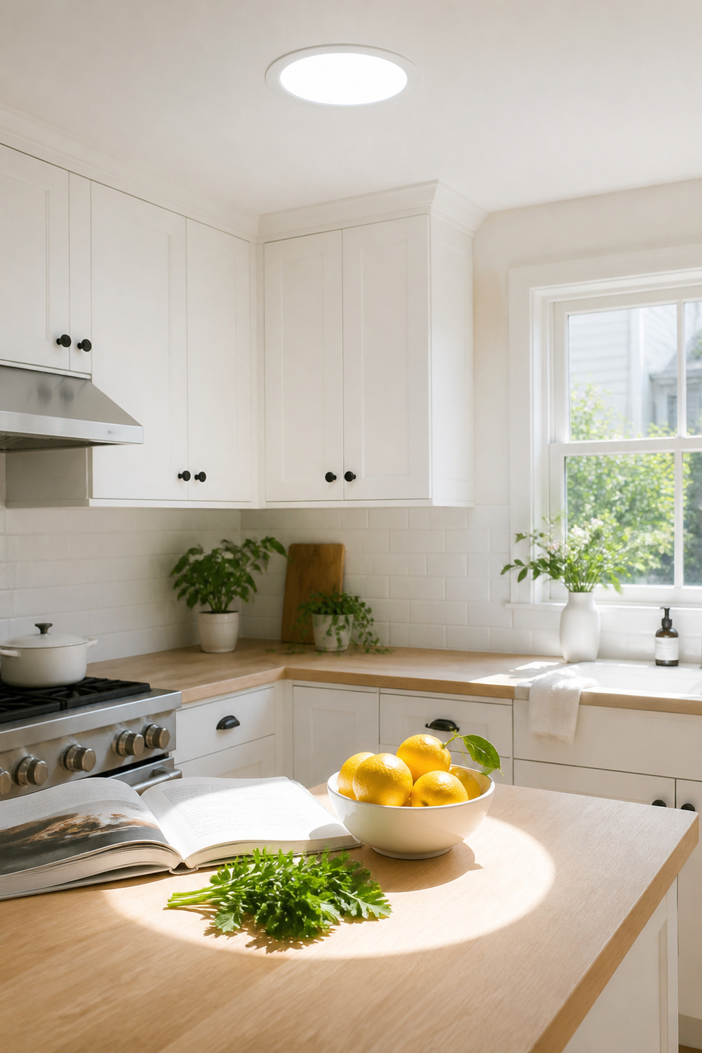A Solatube solar tube diffuser in a white kitchen ceiling brings natural daylight into a space that would otherwise rely entirely on artificial light.