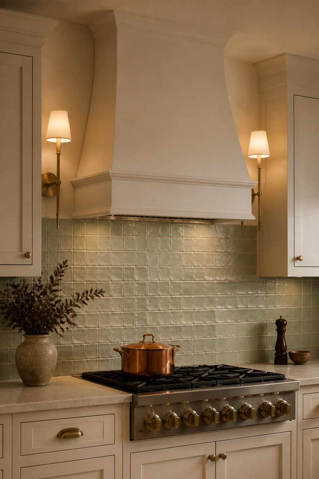 Brass sconces flanking a white range hood — lateral light that reveals backsplash tile texture in a way no overhead fixture can match.