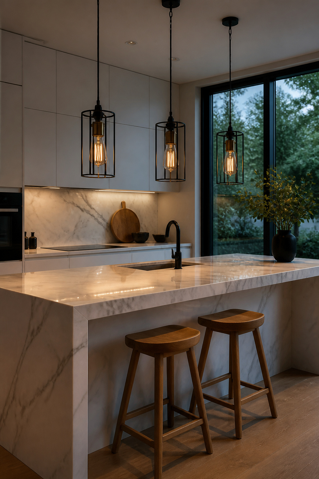 Three black iron cage pendants over a white marble island — the raw metal and polished stone contrast is doing exactly the design work it's supposed to do.