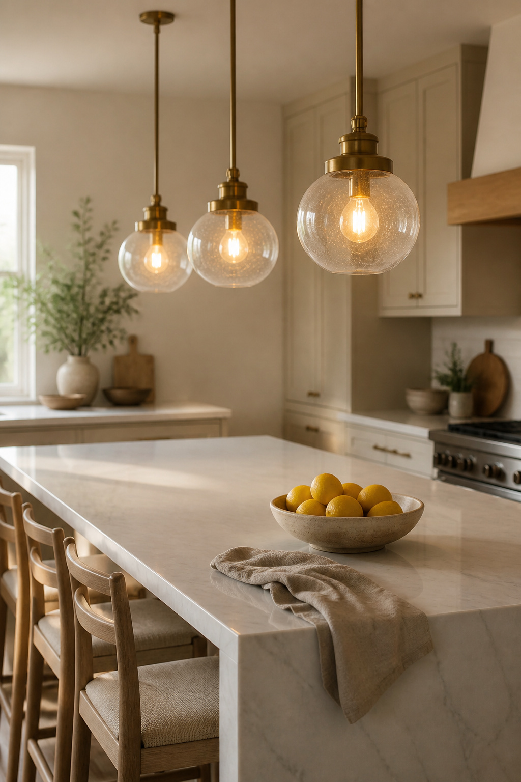 Three aged-brass pendants with seeded glass globes glow warmly over a marble kitchen island — a kitchen light idea that anchors the whole room's design intent.