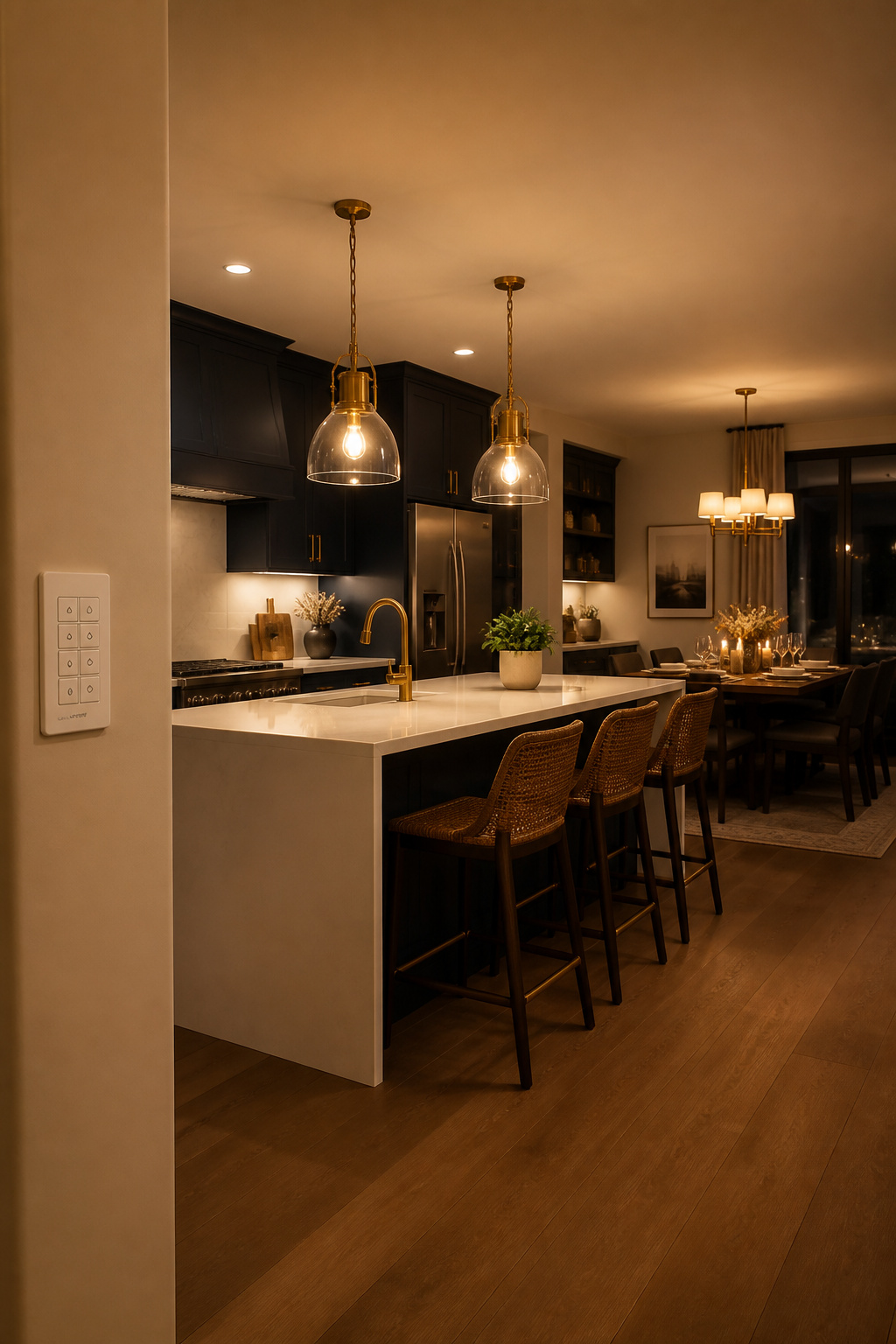 A kitchen in dinner mode — pendants at 70 percent, ambient dimmed, under-cabinet off — controlled by a single Lutron Pico keypad button press.