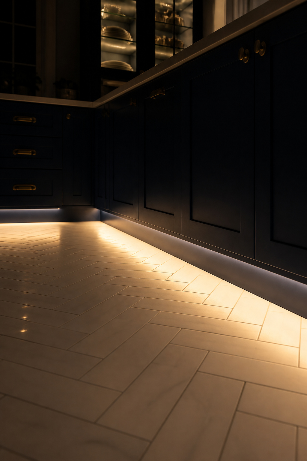 Toe-kick lighting under navy kitchen cabinets at night — warm 2700K light creates the floating cabinet effect and makes a 10 PM glass of water feel considered rather than functional.