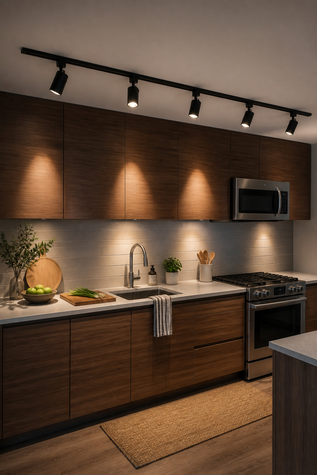 Matte black adjustable track lighting — each head aimed independently at a different kitchen work zone — the flexible kitchen light idea for kitchens that don't fit a standard recessed grid.