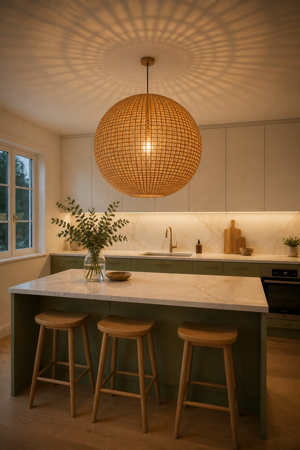 A large rattan pendant over a sage green and marble island — scale deployed intentionally as the kitchen's primary design statement.