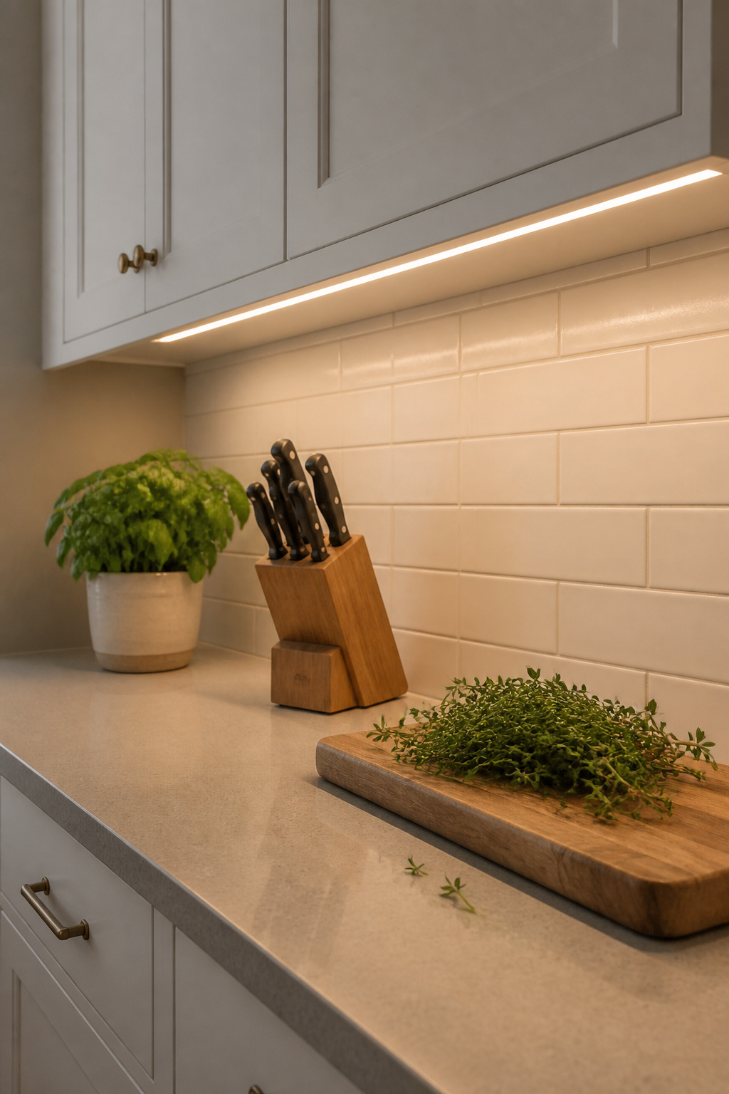 Under-cabinet LED strips eliminate self-shadowing during food prep — one of the most practical kitchen light ideas for any cooking household.