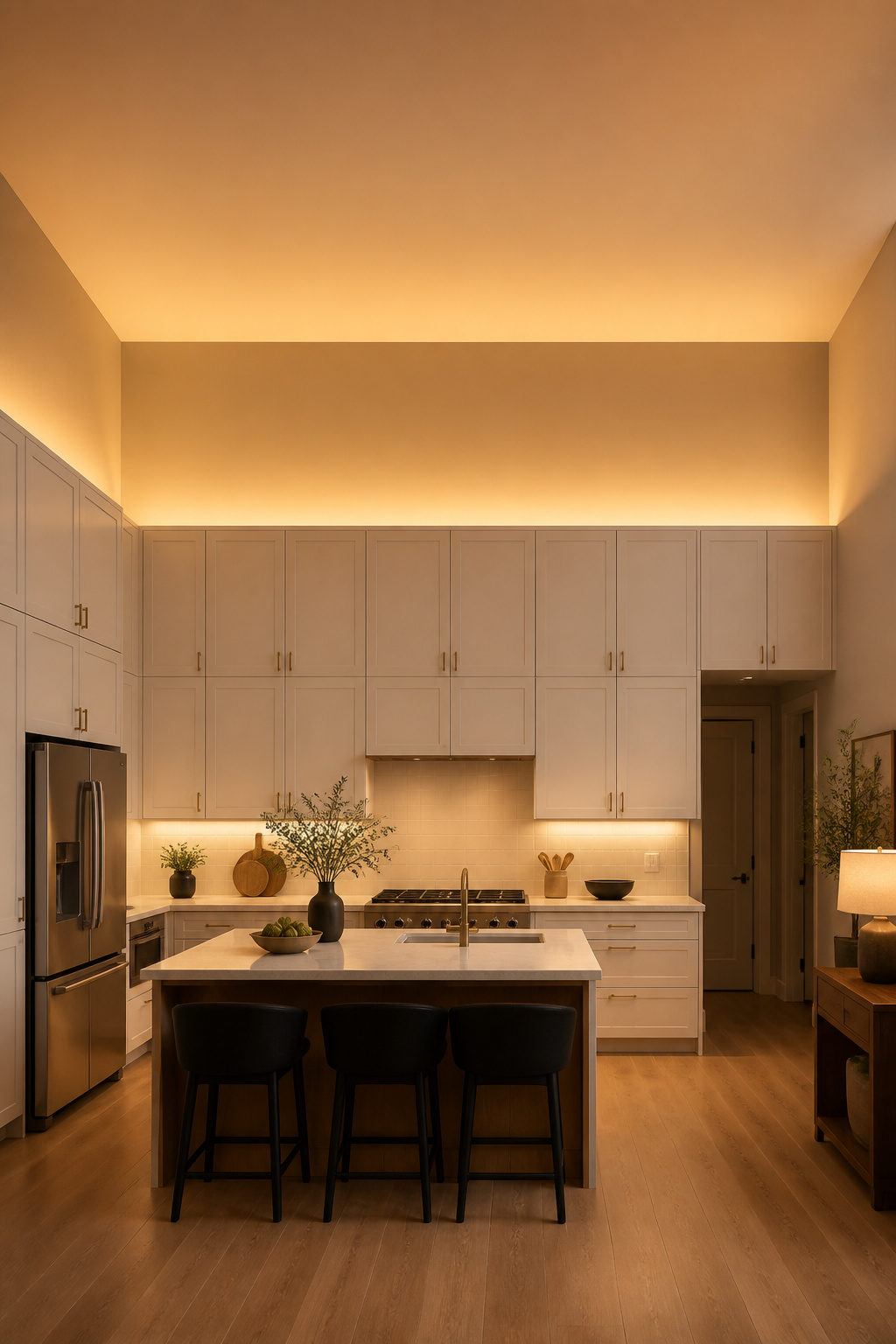 Above-cabinet LED uplighting turns a white kitchen ceiling into the room's most atmospheric surface — a kitchen light idea that does more with less.