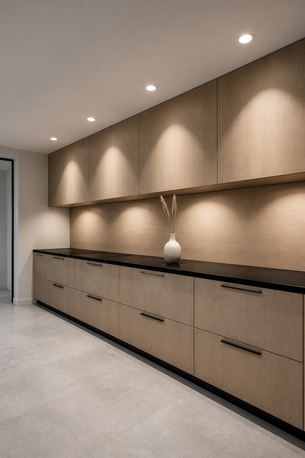 A Japandi kitchen with recessed downlights as the sole ceiling fixture — the cleanest of all kitchen light ideas for minimalist spaces.