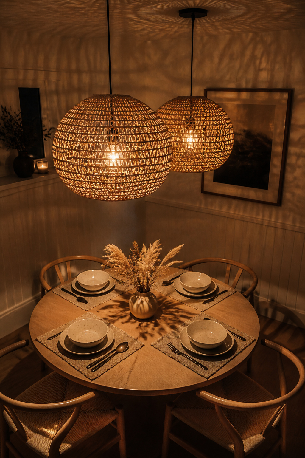 Two rattan lantern pendants over a round oak table — the woven structure throws patterned shadows across the walls and ceiling when lit, atmosphere at no extra cost.