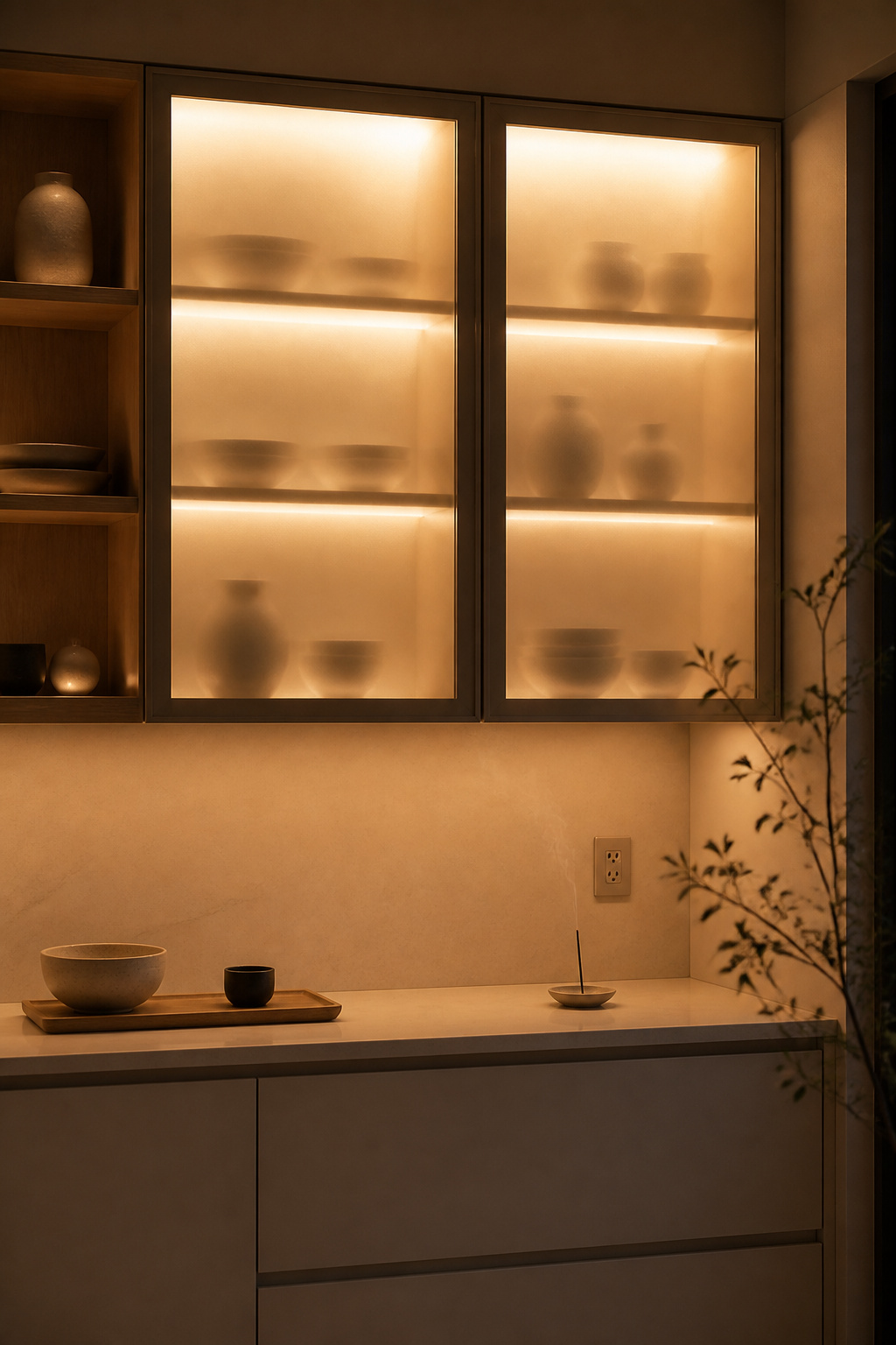 Frosted glass upper cabinets backlit with 2700K LED strips — the shoji-inspired effect turns storage into a glowing architectural element.