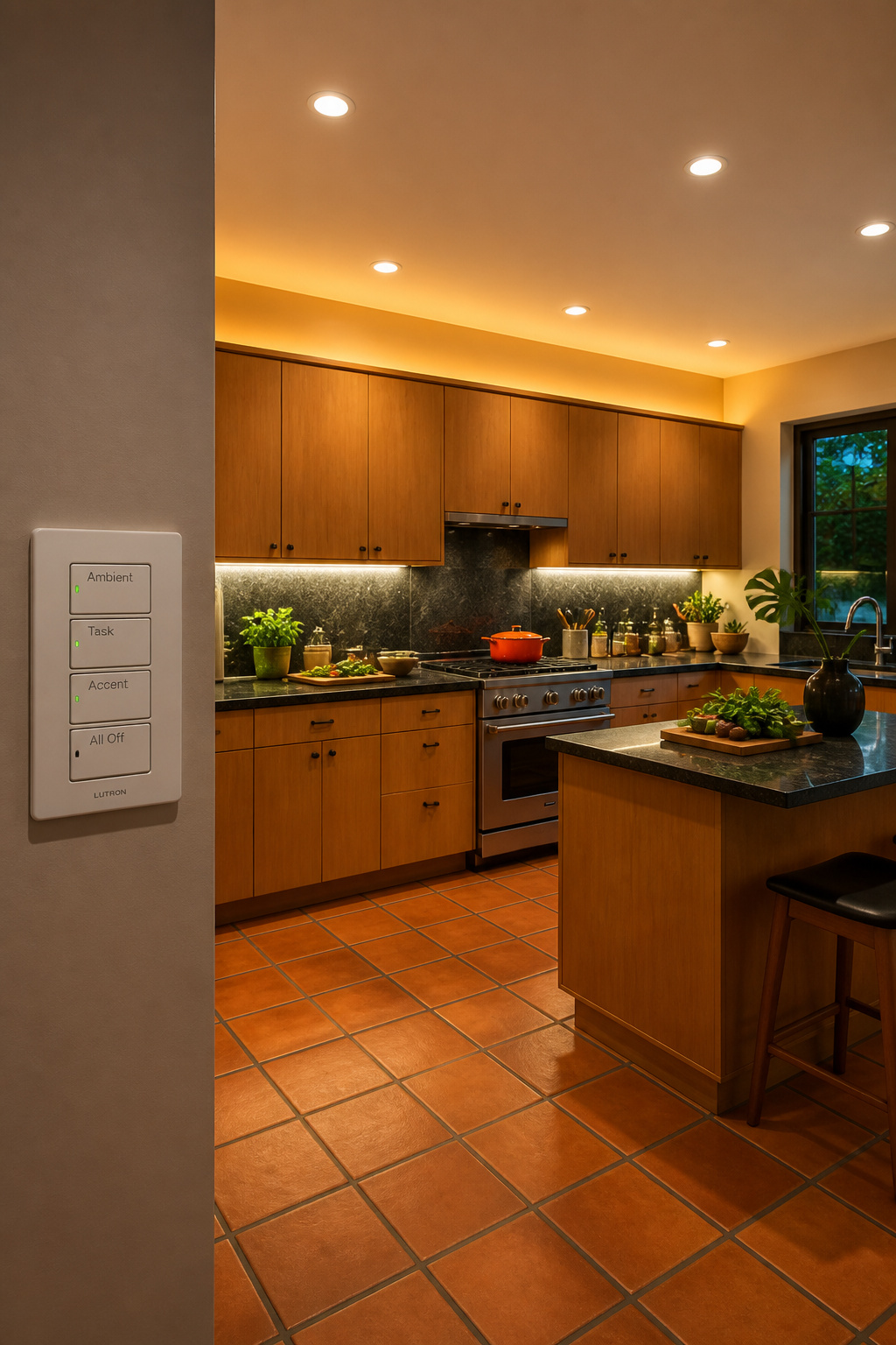 A kitchen in cook mode with all three lighting layers active — ambient, task, and accent working independently to serve the work in progress.
