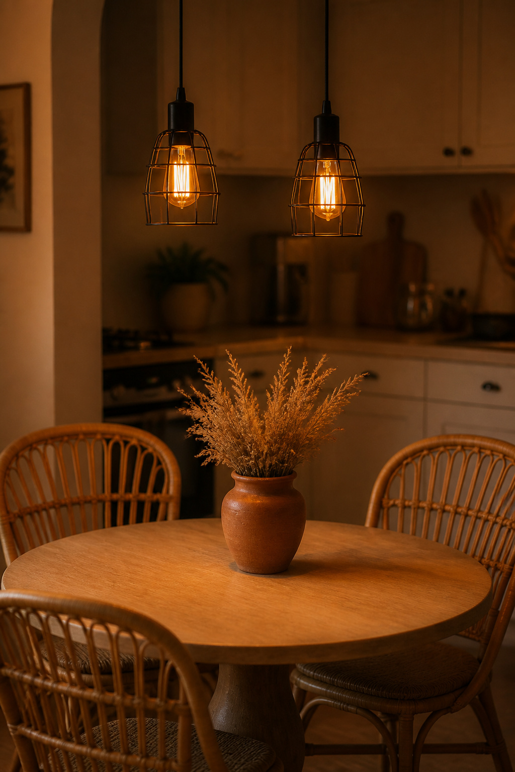 Edison filament cage pendants at 2200K over a round oak breakfast table — the warm amber light shifts the kitchen from functional to genuinely welcoming.