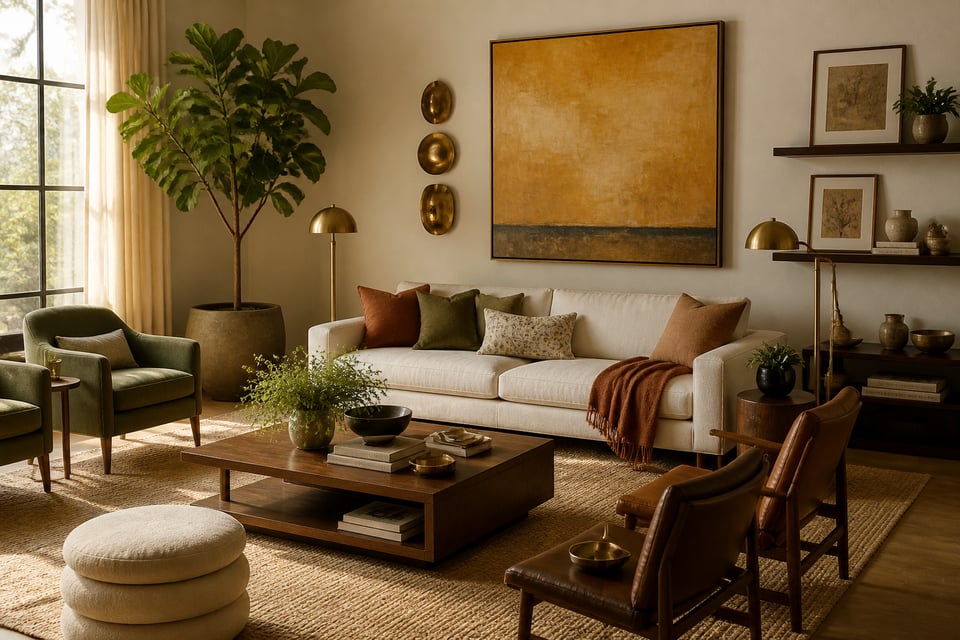 A living room that treats every wall as an opportunity — oversized canvas, brass sculpture, and layered shelf vignette coexisting in a warm, considered space.
