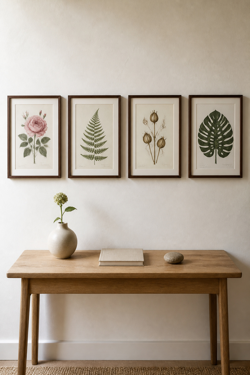 Four botanical prints in matched walnut frames above a quiet console — a series that rewards detailed looking from anywhere in the room.